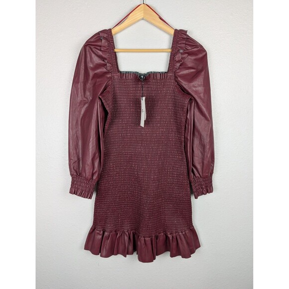 7 For All Mankind Dress Womens Medium Faux Leather Puff Sleeve Ruffle Hem - Picture 1 of 11